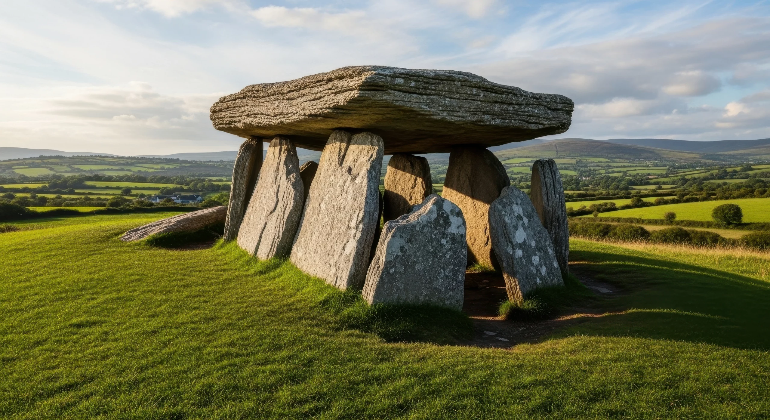 Ein prähistorischer Dolmen aus großen, aufrecht stehenden Steinen und einer mächtigen Deckplatte auf einem grünen Hügel, eingebettet in eine Hügellandschaft bei tiefstehender Sonne.